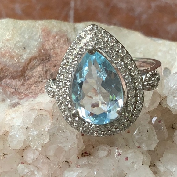 SKY BLUE TOPAZ & CUBIC ZIRCONIA 925 STERLING SILVER RING, SIZE 6.5 - Picture 2 of 8